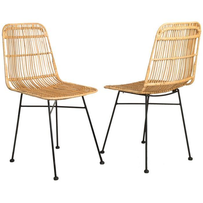 ELIA Lot de 2 chaises de salle a manger en métal noir - Rotin naturel - Industriel - L 44 x P 40 cm