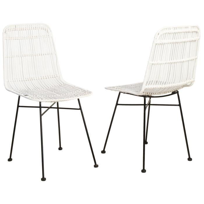 ELIA Lot de 2 chaises de salle a manger en métal noir - Rotin blanc - Industriel - L 44 x P 40 cm