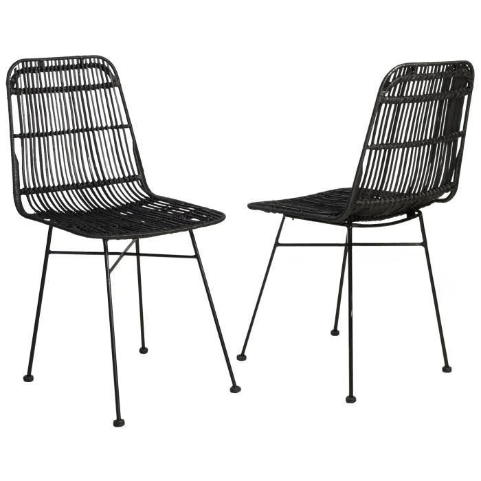 ELIA Lot de 2 chaises de salle a manger en métal noir - Rotin noir - Industriel - L 44 x P 40 cm