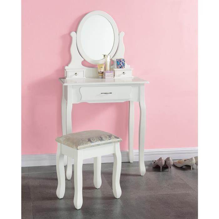 EMMA Coiffeuse + tabouret romantique pieds en bois massif laqué blanc brillant - L 710 cm