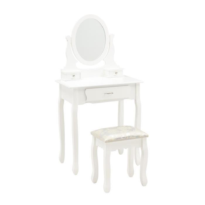 EMMA Coiffeuse + tabouret romantique pieds en bois massif laqué blanc brillant - L 710 cm