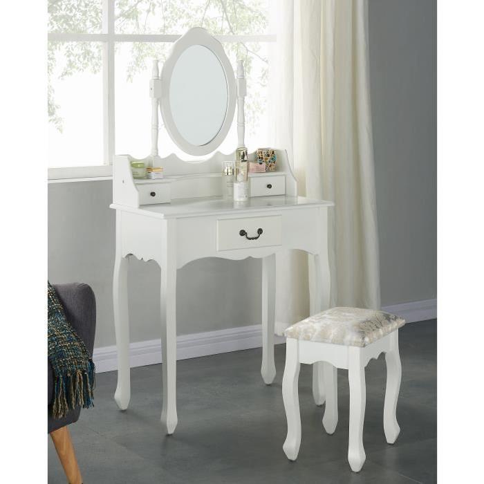 LOUISE Coiffeuse + tabouret + miroir pieds en bois massif romantique blanc - L 75 cm