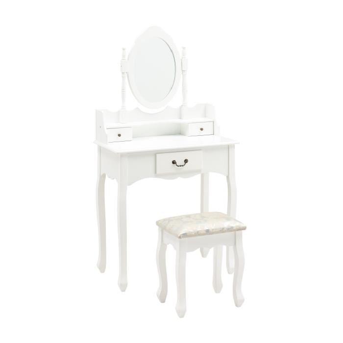 LOUISE Coiffeuse + tabouret + miroir pieds en bois massif romantique blanc - L 75 cm