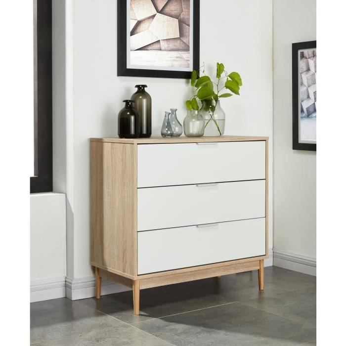 CHARLOTTE Commode chambre adulte style contemporain pieds en bois massif - Blanc et décor chene - L 80 cm