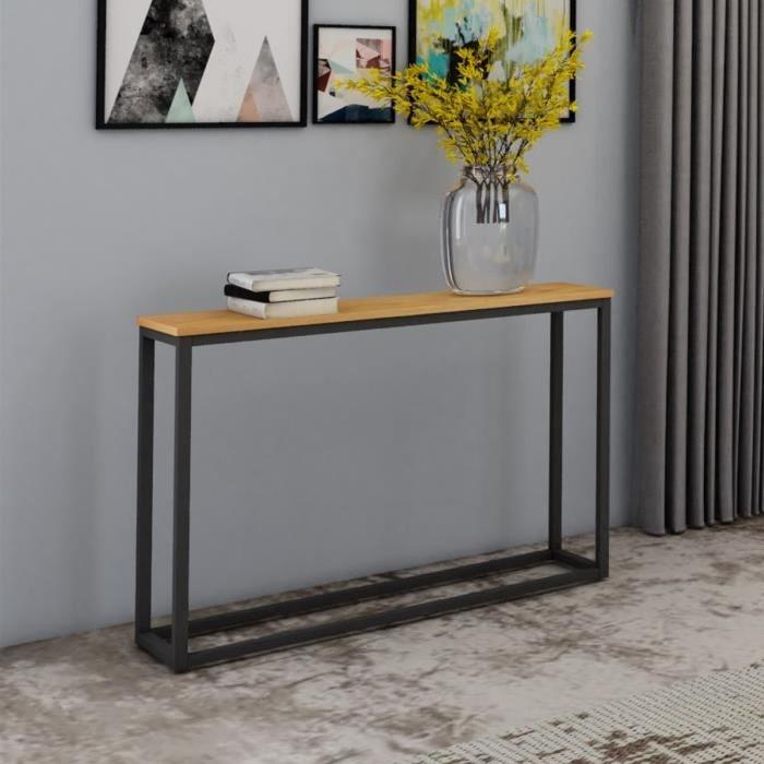 FACTO Console style industriel en métal époxy noir + plateau placage bois chene massif vernis - L 100 cm
