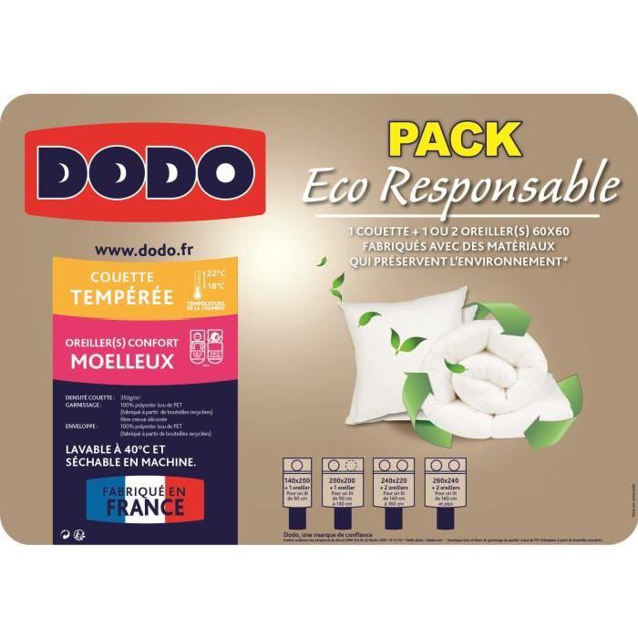 DODO Pack ECO RESPONSABLE - 1 couette 140x200cm + 1 oreiller 60x60cm blanc