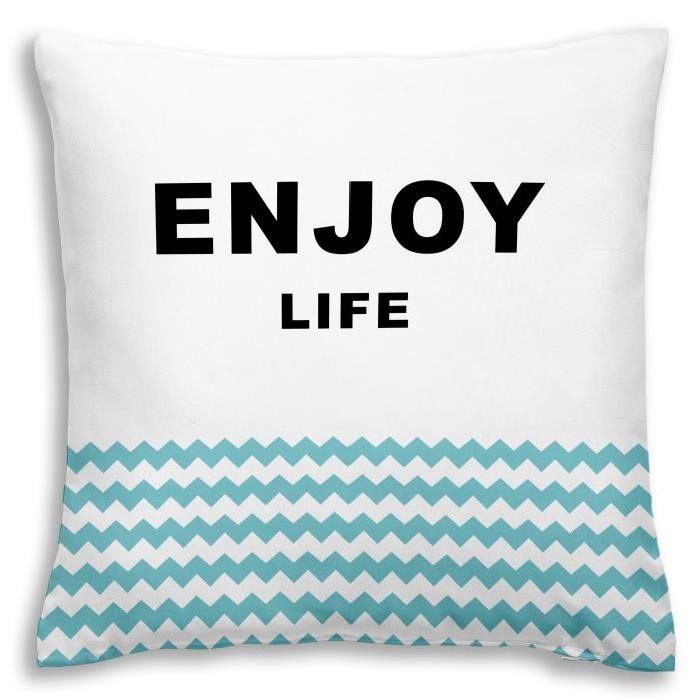 TODAY Coussin déhoussable 100% coton California Dream Enjoy Life 40x40 cm aqua et blanc