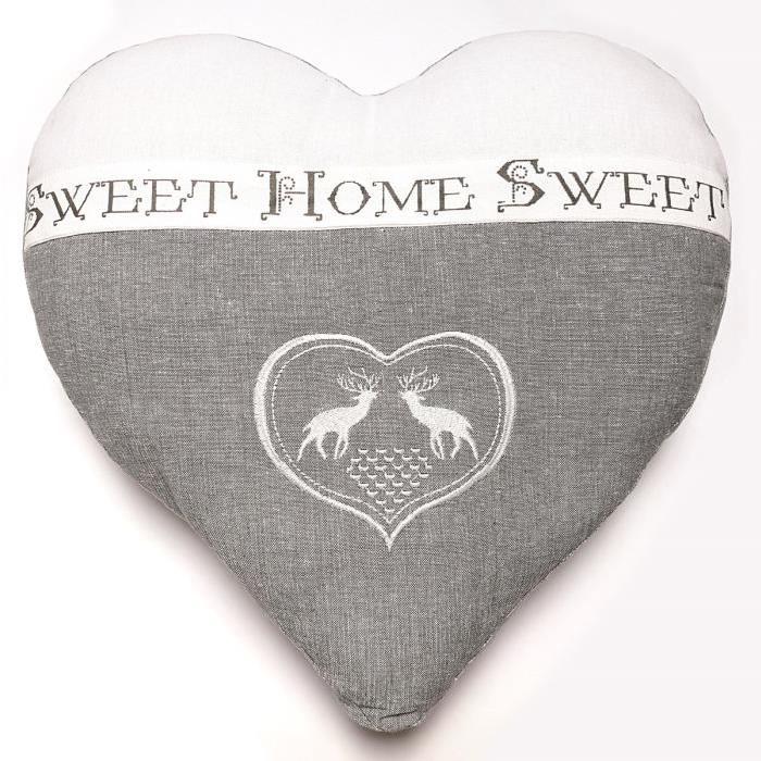 SOLEIL D'OCRE Coussin coeur brodé Sweet Home 40x40 cm gris et blanc