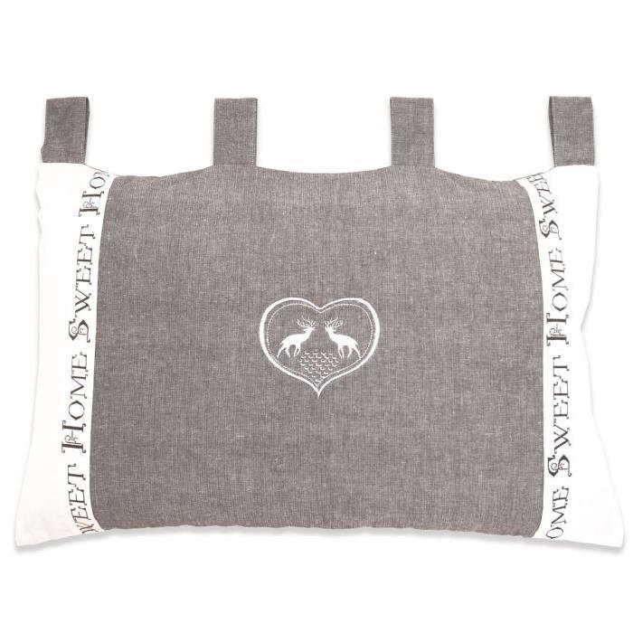 SOLEIL D'OCRE Coussin tete de lit Sweet Home 100% coton brodé 45x70 cm gris et blanc