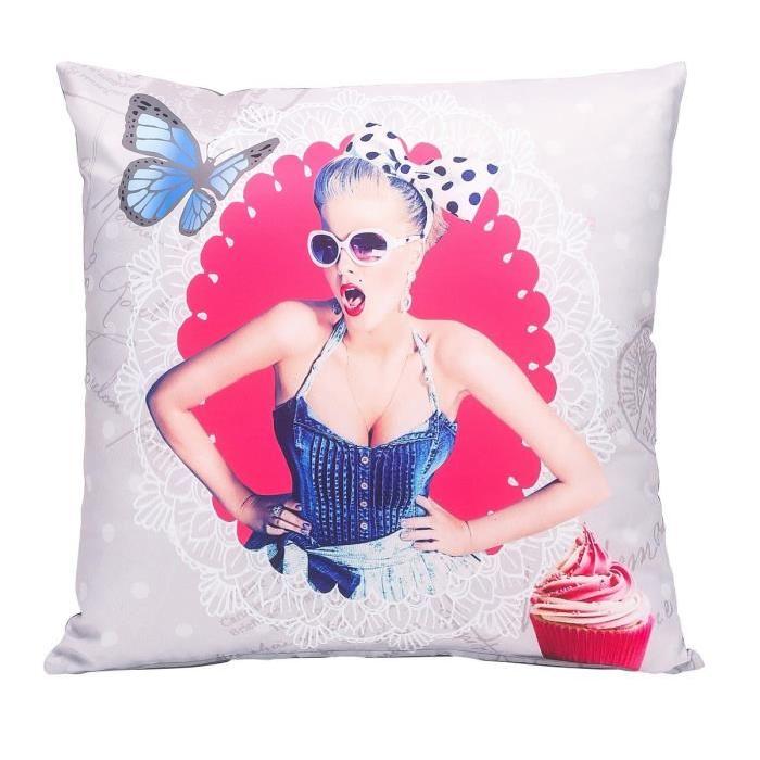 Coussin Print Pin up papillon 40 cm blanc