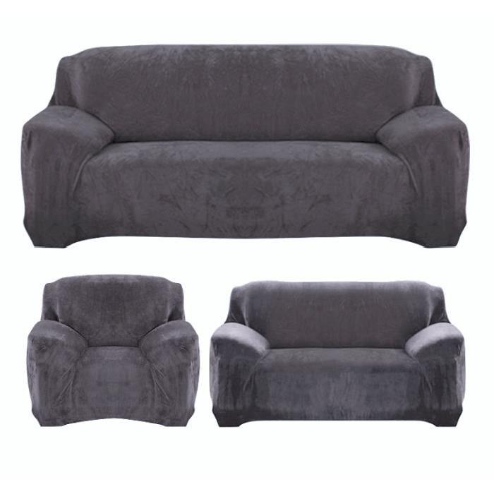 Ensemble Housses de canapés Stretch : 1 housse de fauteuil + 1 housse de canapé 2 places et 1 housse de canapé 3 places gris
