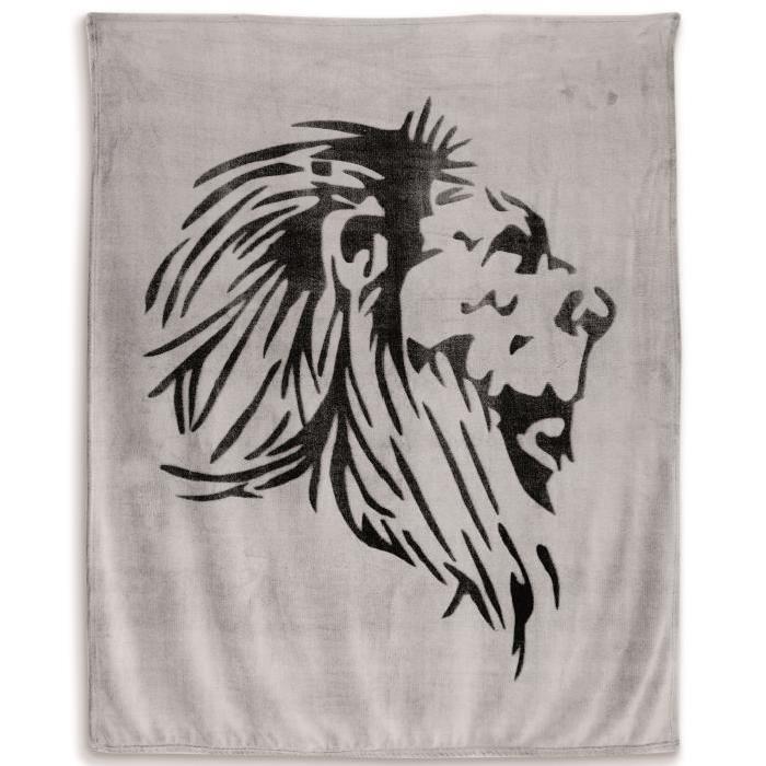 SOLEIL D'OCRE Plaid Lion - 130 x 150 cm - Gris & noir