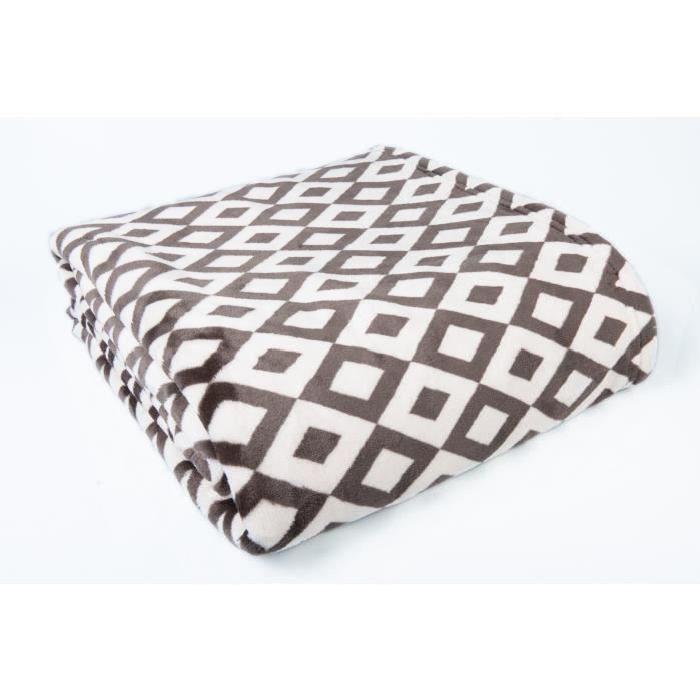 Plaid microfibre grand luxe imprimé losanges 150x200 cm beige et stone