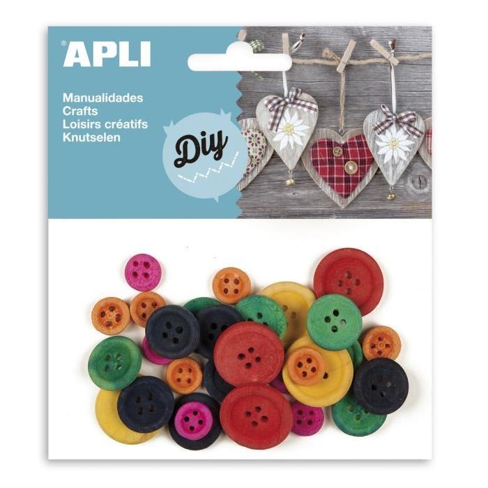 APLI Sachet de 30 boutons en bois - Tailles et couleurs assorties
