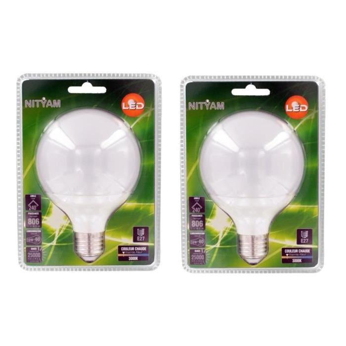 NITYAM Lot de 2 ampoules globe LED E27 10 W équivalent a 60 W