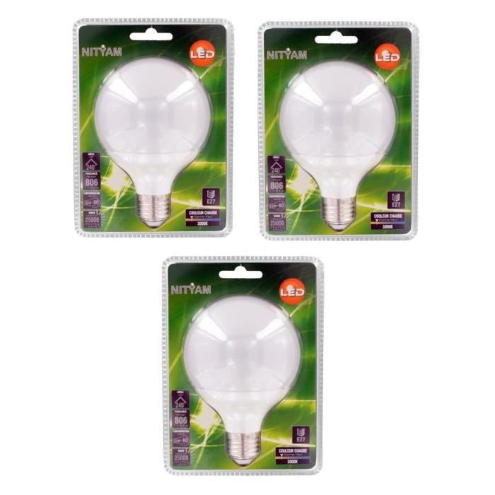 NITYAM Lot de 3 ampoules globe LED E27 10 W équivalent a 60 W