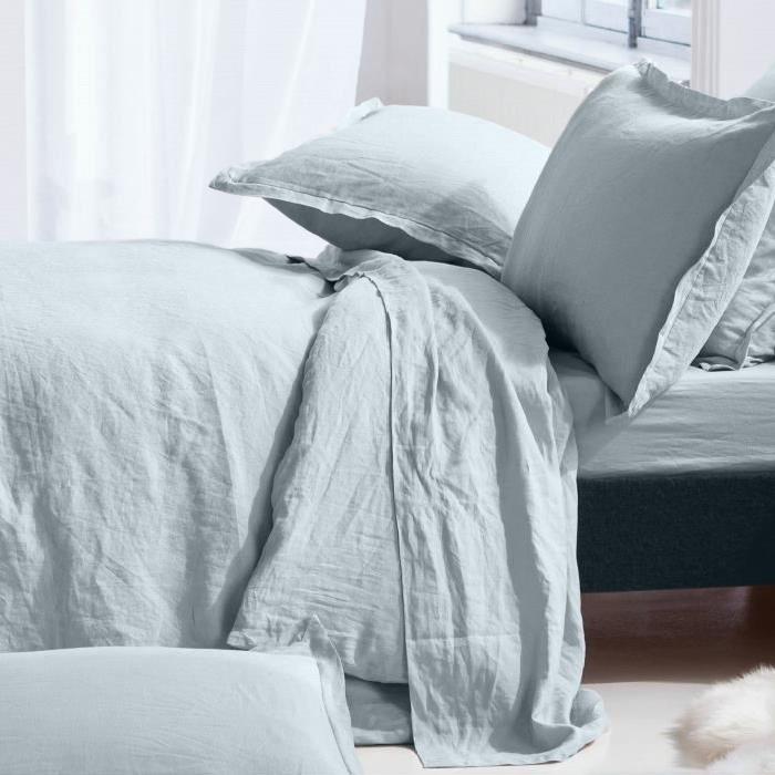 Drap housse 100% lin lavé 140x190 cm bleu gris