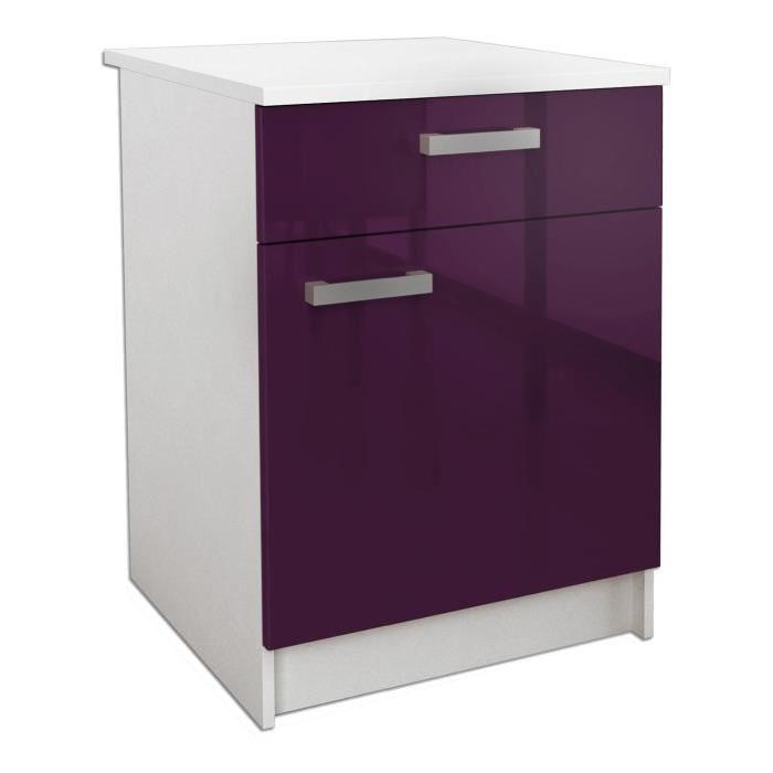 START Meuble bas de cuisine L 60 cm avec plan de travail inclus - Aubergine Brillant