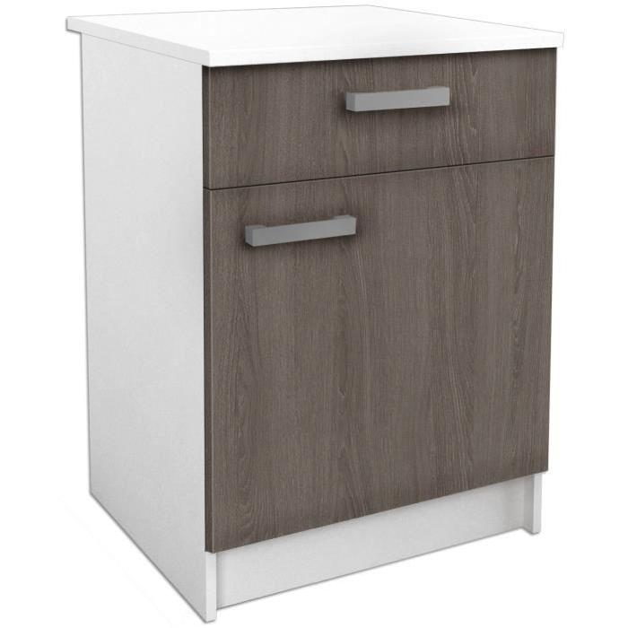 START Meuble de cuisine bas avec plan de travail L 60 cm - Blanc et décor chene taupe