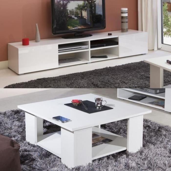 LIME Salon complet coloris blanc brillant 2 pieces 1 meuble TV 185cm + 1 table basse carrée