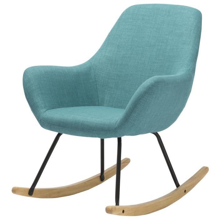 NORTON Fauteuil Rocking chair - Tissu bleu - Pieds métal et bois hévéa massif - Classique - L 41 x P 76 cm