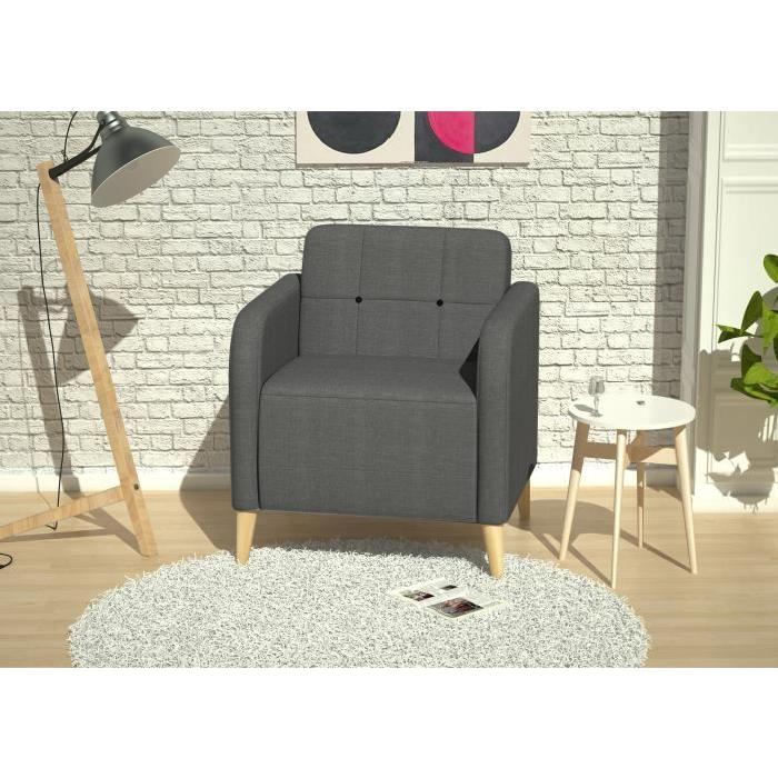 FINLANDEK Fauteuil scandinave TUUKA pieds en bois massif - Tissu Loneta et Inari - Noir et anthracite - L68xP69 cm