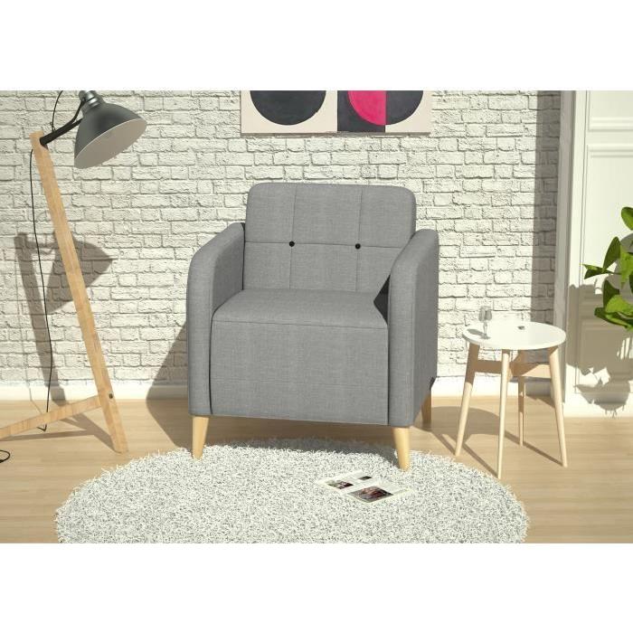 FINLANDEK Fauteuil scandinave TUUKA pieds en bois massif - Tissu Loneta et Inari - Noir et gris clair - L68xP69 cm