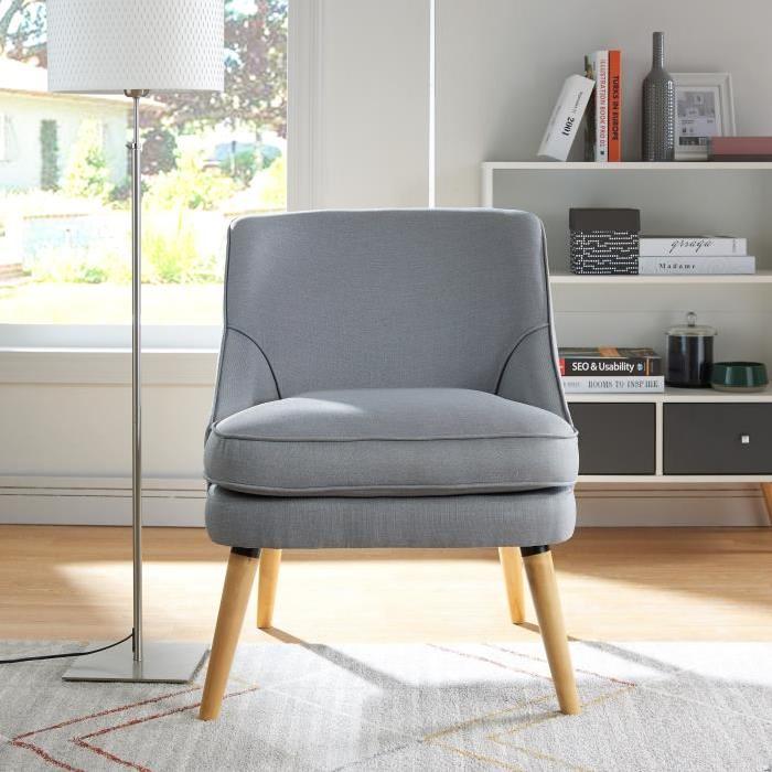 LEXI Fauteuil en bois massif - Tissu gris et bleu - Style scandinave - L 73 x P 63 cm