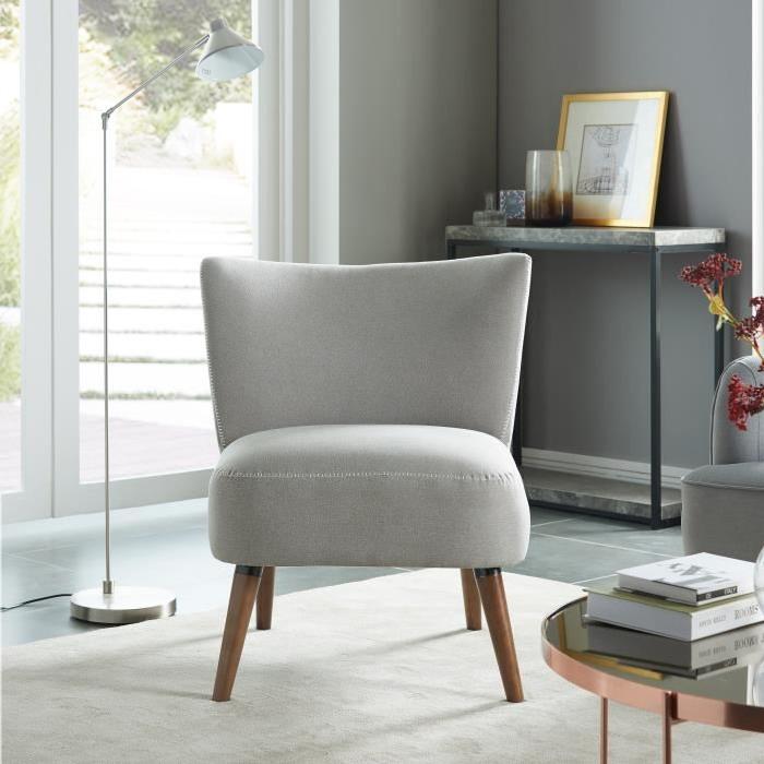 TYLER Fauteuil en bois massif - Tissu gris - Style scandinave - L 77 x P 69 cm