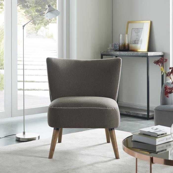 TYLER Fauteuil en bois massif - Tissu gris et bronze - Style scandinave - L 77 x P 69 cm