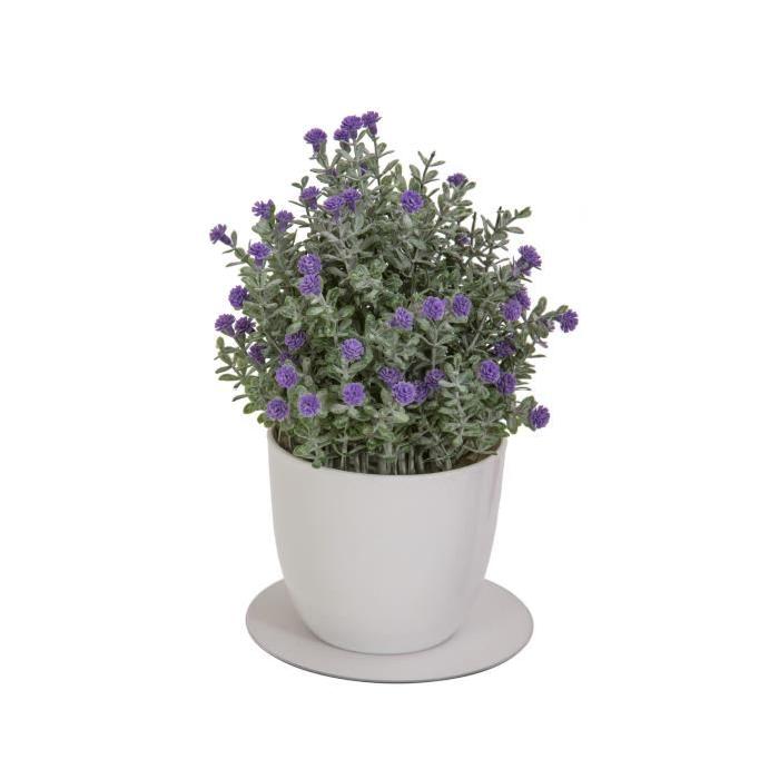 Plante grasse artificielle fleurie Mauve - En pot Blanc - Hauteur 22 cm