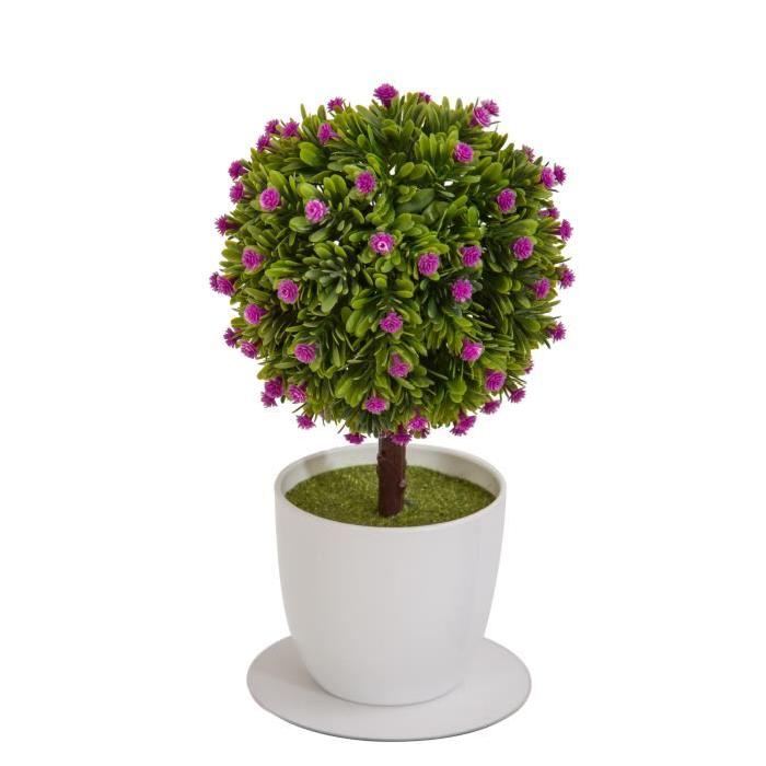 Arbre Boule de buis artificiel fleuri Fuchsia - En pot Blanc- Hauteur 27 cm