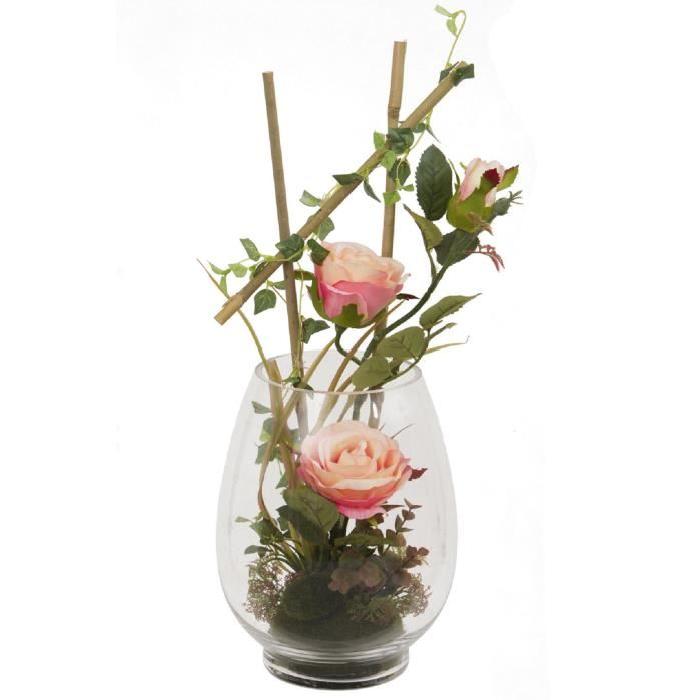 Vase en verre garni de Roses artificielle saumon Rose / Bamboo / Lierre - Hauteur 50 cm