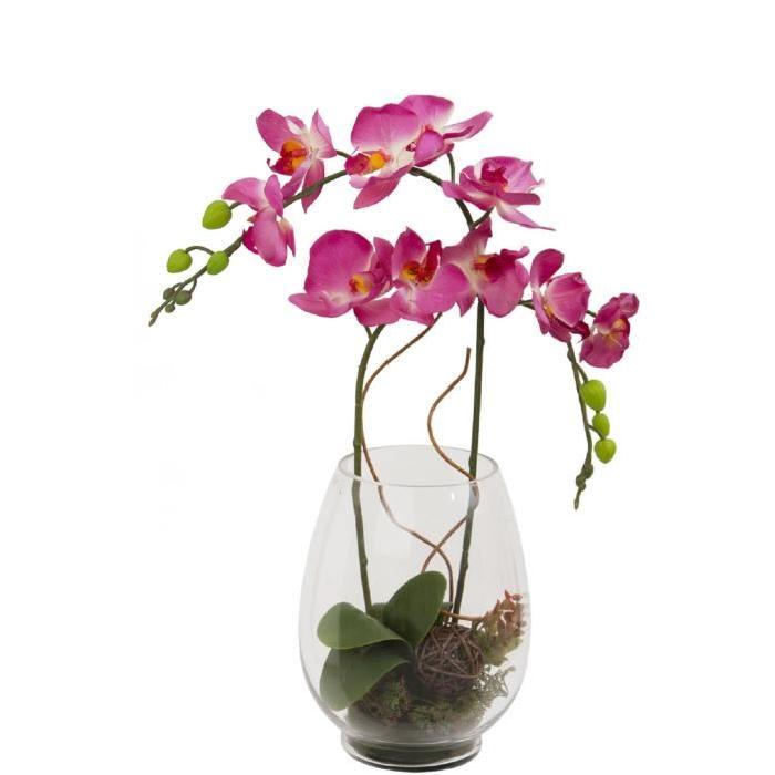 Grand Vase en verre garni de 2 Branches d'orchidées artificielles incurvées - Fuchsia - Hauteur 55 cm