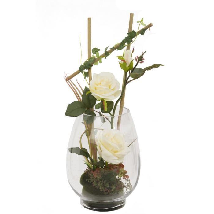 Vase en verre garni de Roses artificielle Blanches / Bamboo / Lierre - Hauteur 50 cm