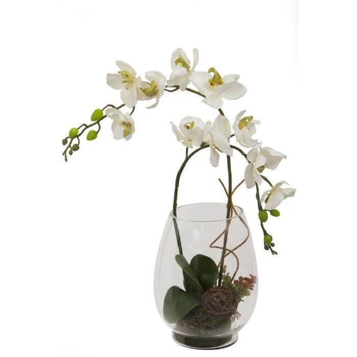 Grand Vase en verre garni de 2 Branches d'orchidées artificielles incurvées - Blanches - Hauteur 55 cm