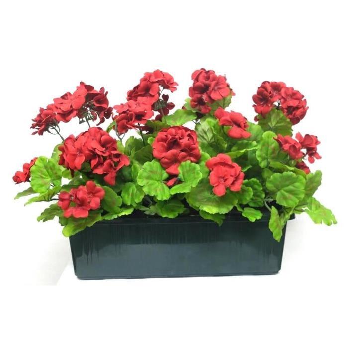 Jardiniere de géraniums artificiels - Rouge - H 35 Cm L 50 cm