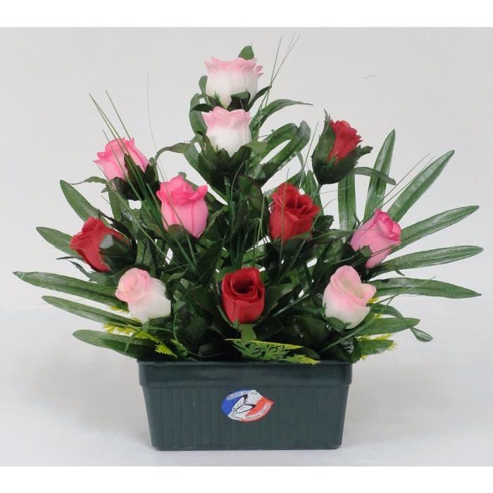 Fleur artificielle Jardiniere de boutons de Roses multicolores - Rouge / Rose / Creme