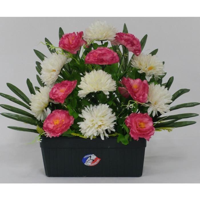 Fleur artificielle Jardiniere de zinnias pomponnettes - Creme / Fuchsia