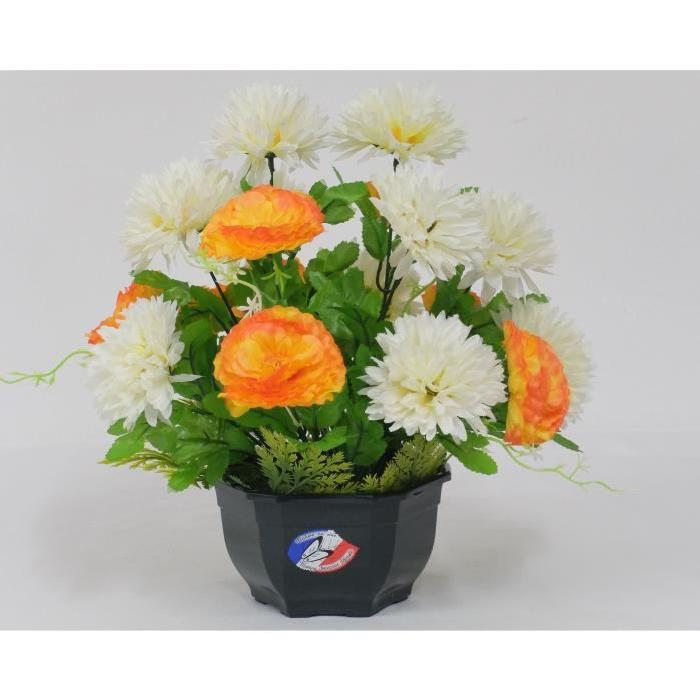 Fleur artificielle Coupe de zinnias pomponnettes - Creme / Orange