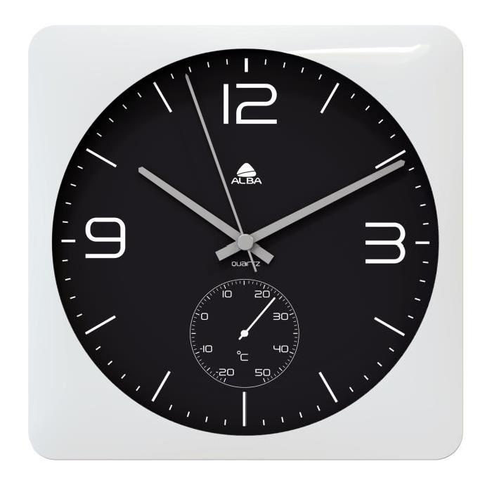 ALBA Horloge murale carrée 30cm fonction thermometre - Contour blanc / Fond Noir - 30,7x30,4x4,8cm