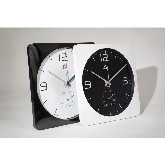 ALBA Horloge murale carrée 30cm fonction thermometre - Contour blanc / Fond Noir - 30,7x30,4x4,8cm