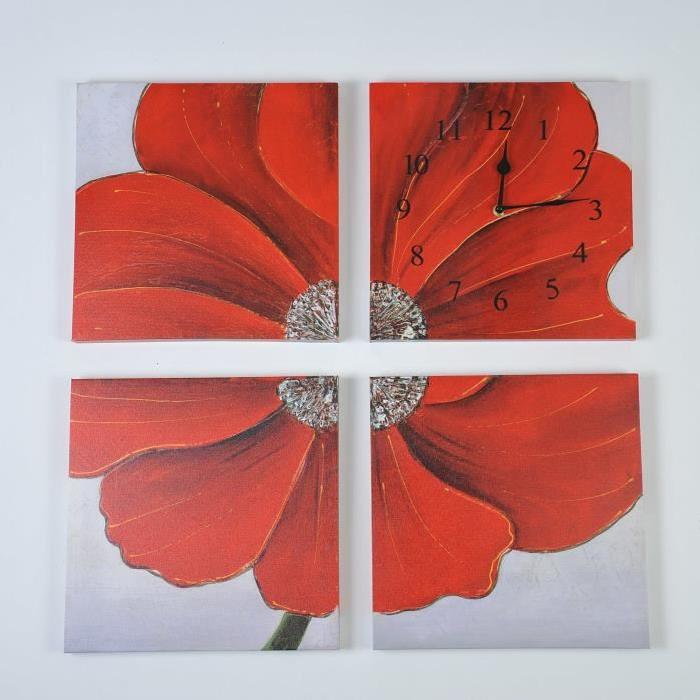 POPPY Tableau toile horloge fleur 60x60x2,2 cm rouge