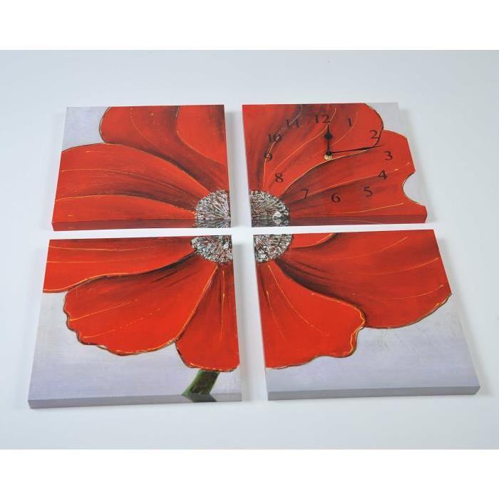 POPPY Tableau toile horloge fleur 60x60x2,2 cm rouge