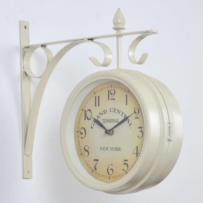 STATION Horloge de gare double face Ř20 cm blanc cassé