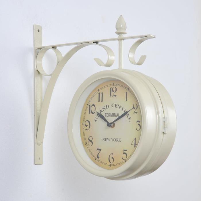 STATION Horloge de gare double face Ř20 cm blanc cassé