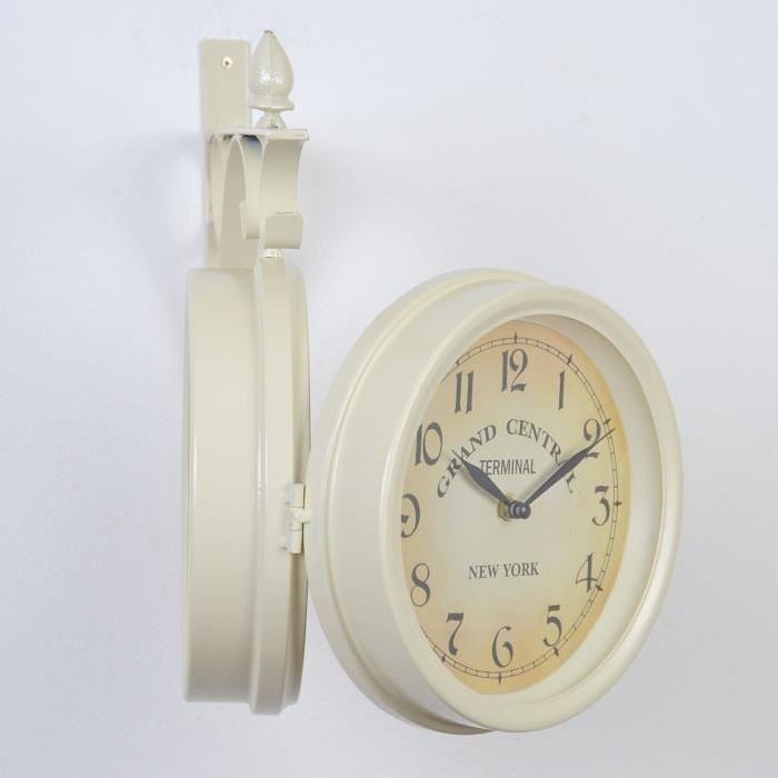 STATION Horloge de gare double face Ř20 cm blanc cassé