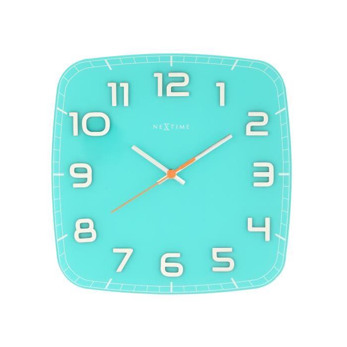 NEXTIME Horloge murale - Classy Square- Verre - Turquoise  30x30cm