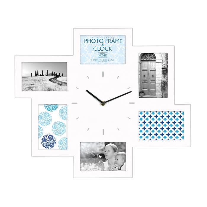 Horloge pele-mele 6 photos MDF 10x15 cm blanc