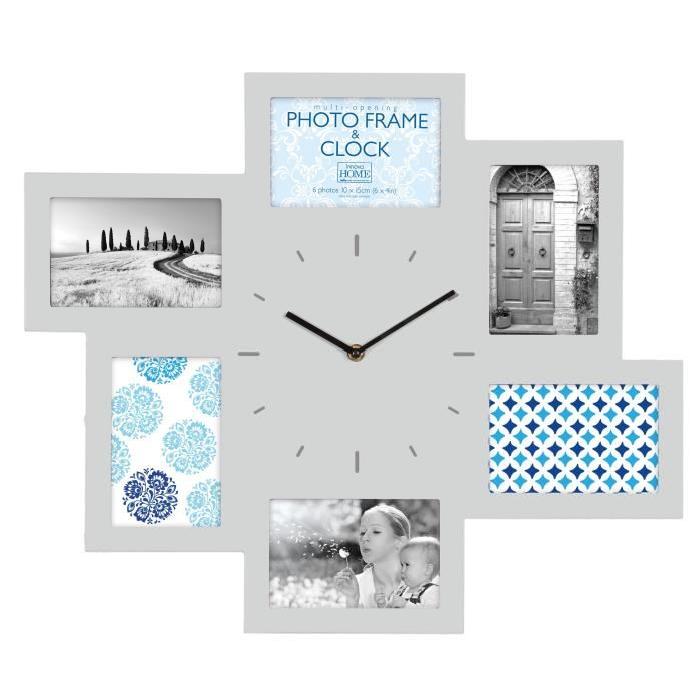 Horloge pele-mele 6 photos MDF 10x15 cm gris